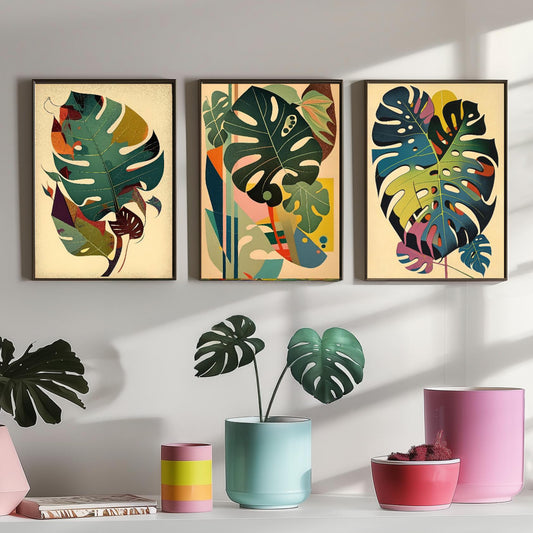 Set of Three Monstera Leaf Paintings - 3 Botanical Art Prints Poster