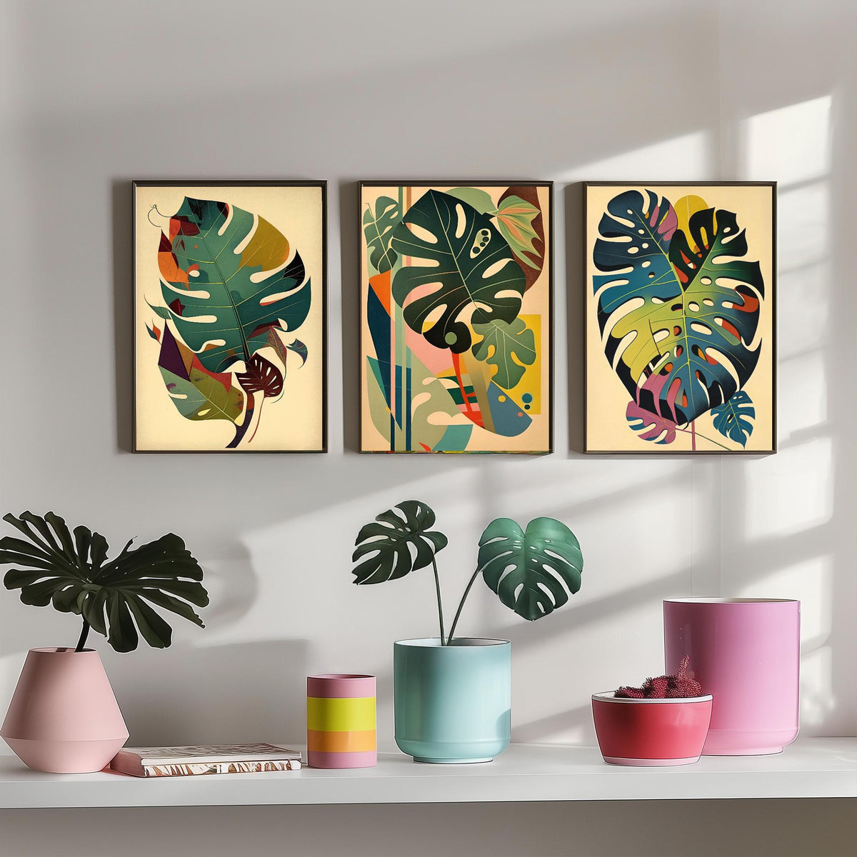 Original Monstera Leaf Set of Three Art Prints - 3 Mid Century Cheese Plant Posters - Earthy Boho Botanical Wall Art Illustration