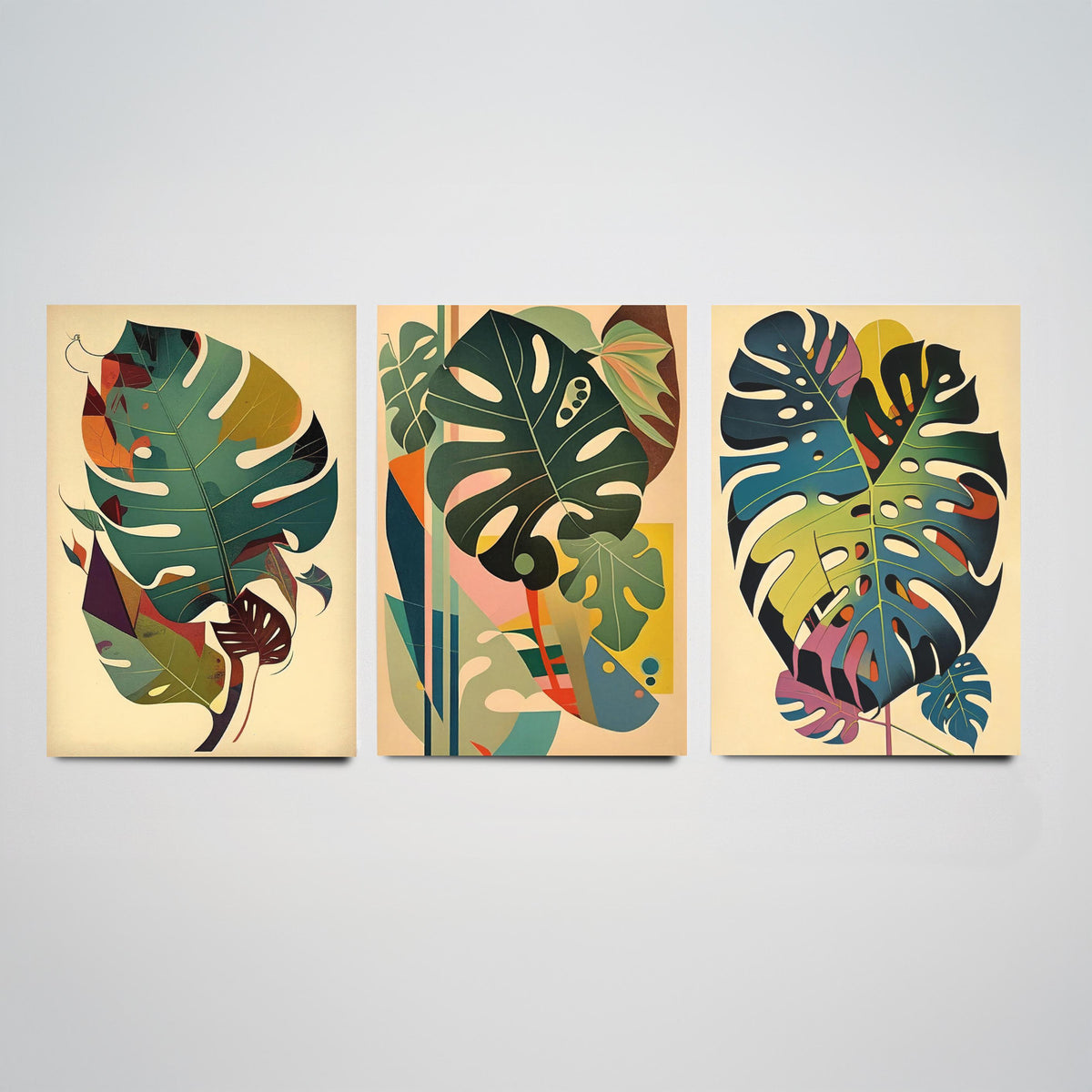 Original Monstera Leaf Set of Three Art Prints - 3 Mid Century Cheese Plant Posters - Earthy Boho Botanical Wall Art Illustration