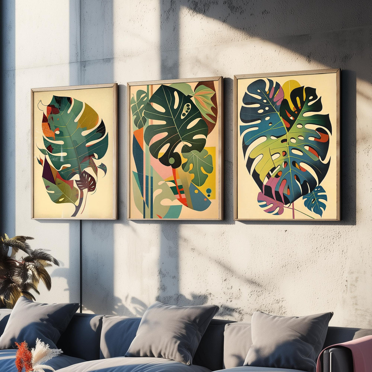 Original Monstera Leaf Set of Three Art Prints - 3 Mid Century Cheese Plant Posters - Earthy Boho Botanical Wall Art Illustration