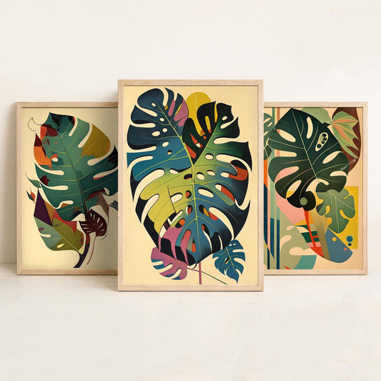 Original Monstera Leaf Set of Three Art Prints - 3 Mid Century Cheese Plant Posters - Earthy Boho Botanical Wall Art Illustration