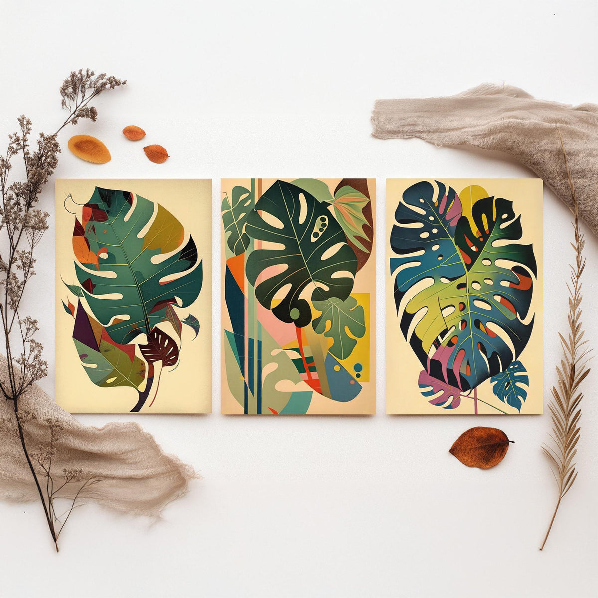 Original Monstera Leaf Set of Three Art Prints - 3 Mid Century Cheese Plant Posters - Earthy Boho Botanical Wall Art Illustration