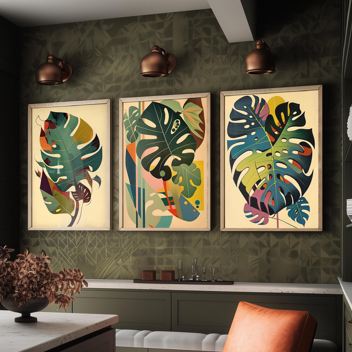 Original Monstera Leaf Set of Three Art Prints - 3 Mid Century Cheese Plant Posters - Earthy Boho Botanical Wall Art Illustration