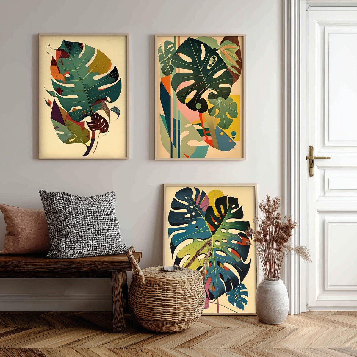 Original Monstera Leaf Set of Three Art Prints - 3 Mid Century Cheese Plant Posters - Earthy Boho Botanical Wall Art Illustration