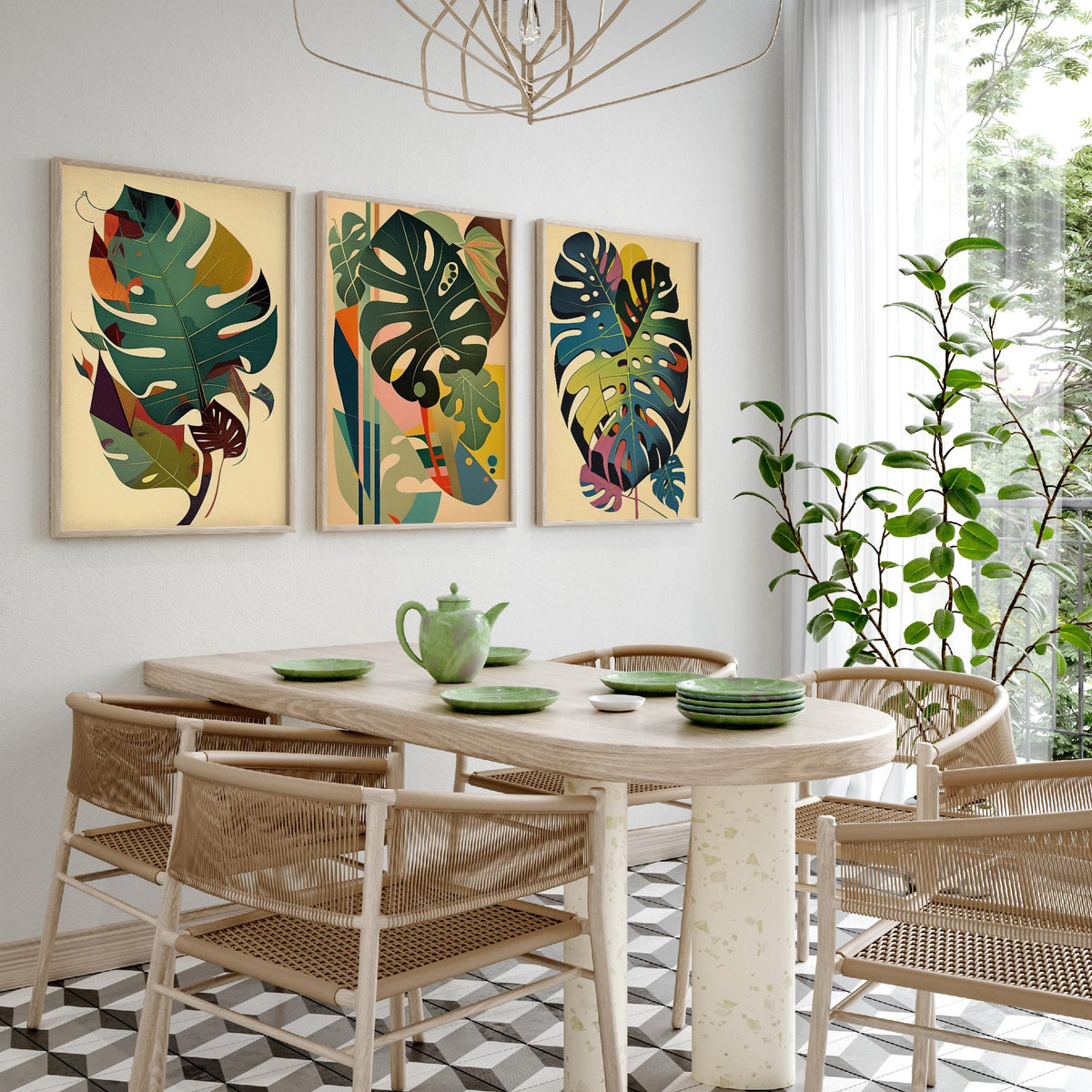 Original Monstera Leaf Set of Three Art Prints - 3 Mid Century Cheese Plant Posters - Earthy Boho Botanical Wall Art Illustration