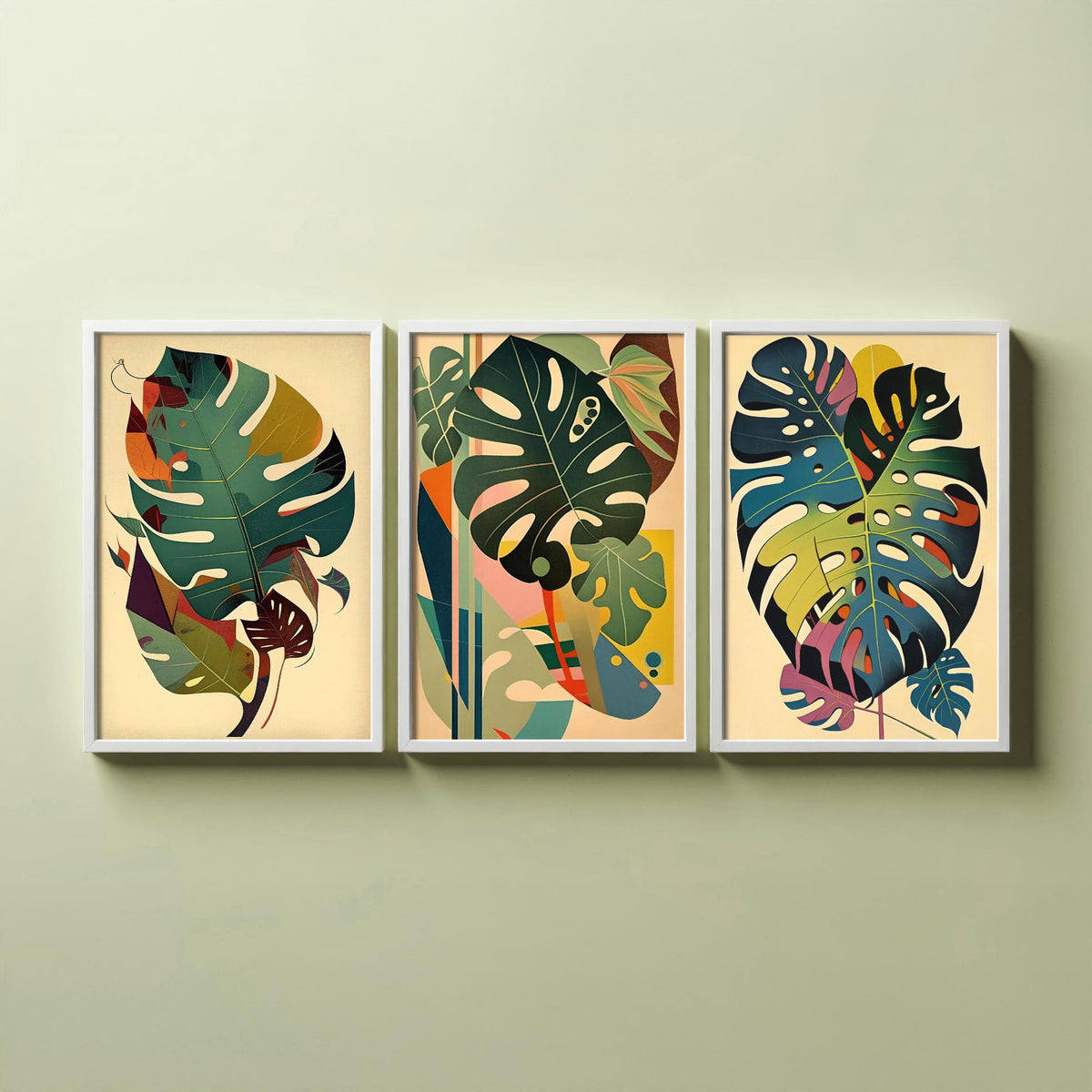 Original Monstera Leaf Set of Three Art Prints - 3 Mid Century Cheese Plant Posters - Earthy Boho Botanical Wall Art Illustration
