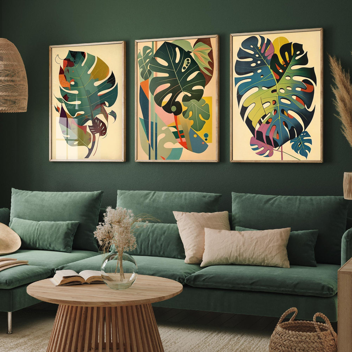 Original Monstera Leaf Set of Three Art Prints - 3 Mid Century Cheese Plant Posters - Earthy Boho Botanical Wall Art Illustration