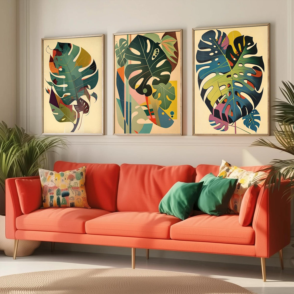 Original Monstera Leaf Set of Three Art Prints - 3 Mid Century Cheese Plant Posters - Earthy Boho Botanical Wall Art Illustration