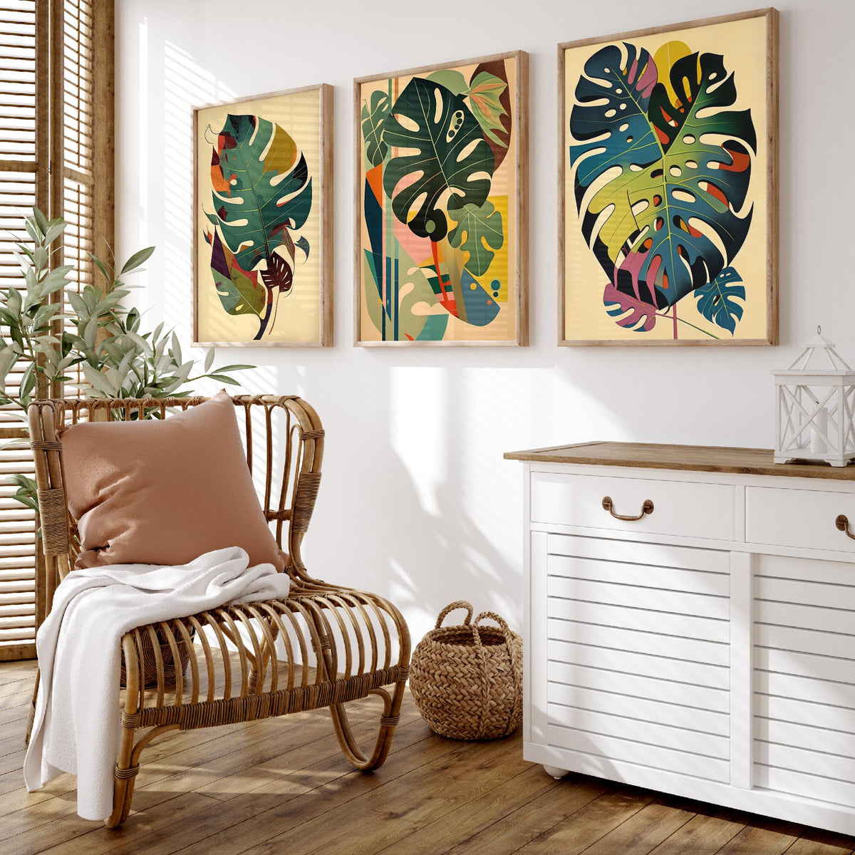 Original Monstera Leaf Set of Three Art Prints - 3 Mid Century Cheese Plant Posters - Earthy Boho Botanical Wall Art Illustration