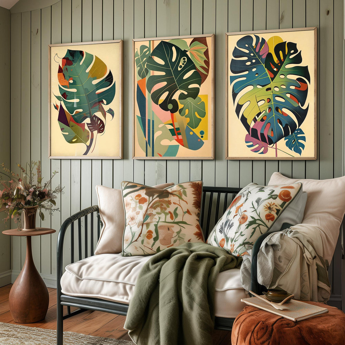 Original Monstera Leaf Set of Three Art Prints - 3 Mid Century Cheese Plant Posters - Earthy Boho Botanical Wall Art Illustration