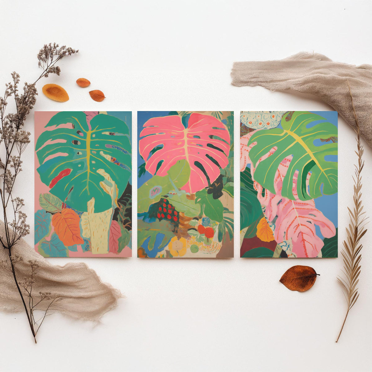 Monstera Pink Collage Set of Three Art Prints - Pink and Green Tropical Leaves - Painterly Jungle Poster Illustration