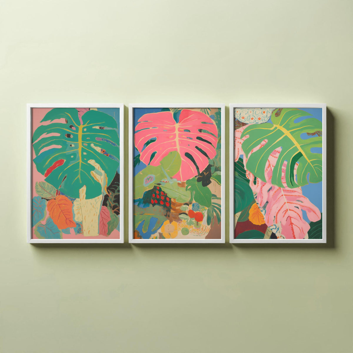 Monstera Pink Collage Set of Three Art Prints - Pink and Green Tropical Leaves - Painterly Jungle Poster Illustration