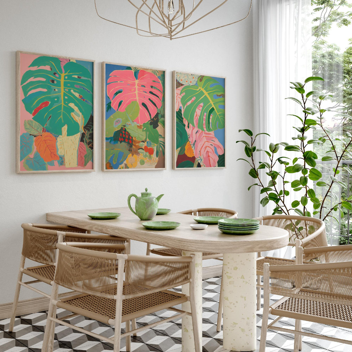 Monstera Pink Collage Set of Three Art Prints - Pink and Green Tropical Leaves - Painterly Jungle Poster Illustration