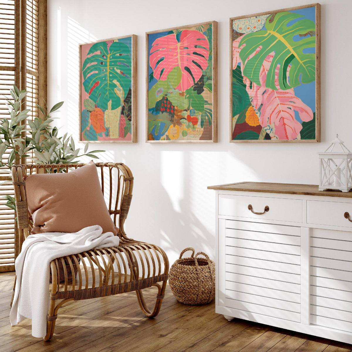 Monstera Pink Collage Set of Three Art Prints - Pink and Green Tropical Leaves - Painterly Jungle Poster Illustration