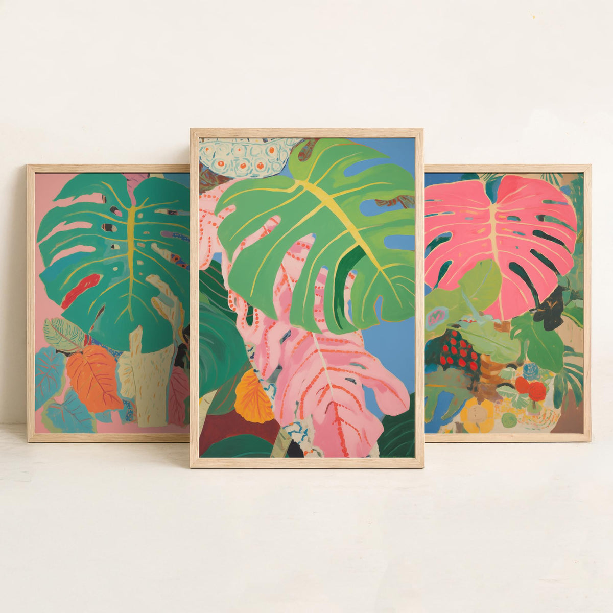 Monstera Pink Collage Set of Three Art Prints - Pink and Green Tropical Leaves - Painterly Jungle Poster Illustration