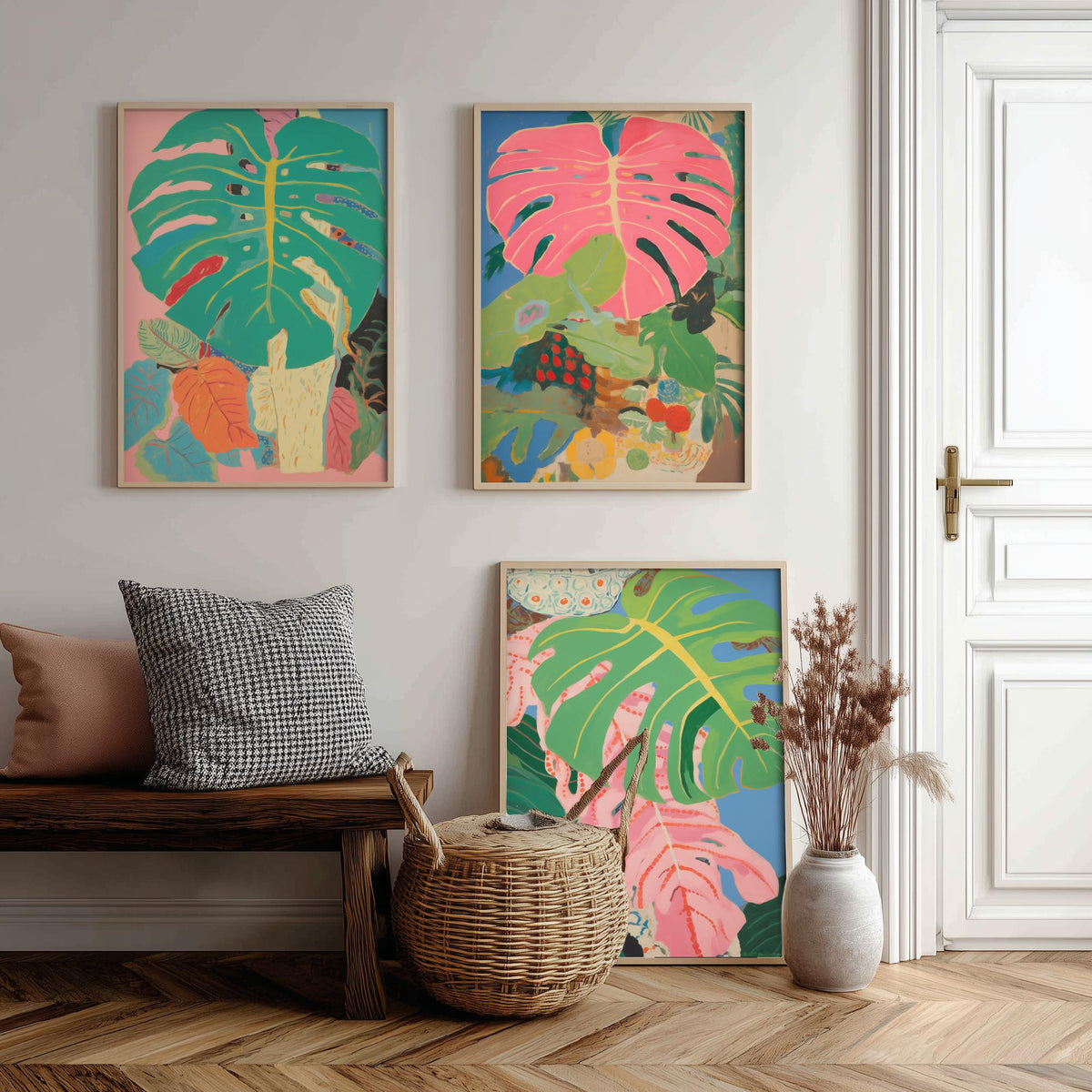 Monstera Pink Collage Set of Three Art Prints - Pink and Green Tropical Leaves - Painterly Jungle Poster Illustration