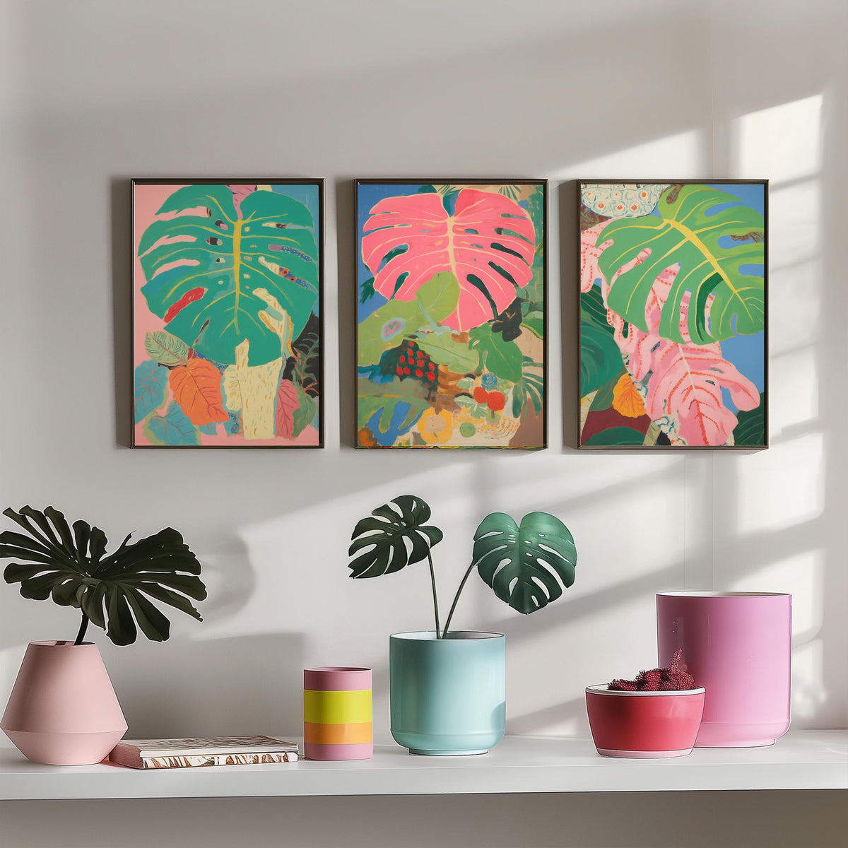Monstera Pink Collage Set of Three Art Prints - Pink and Green Tropical Leaves - Painterly Jungle Poster Illustration
