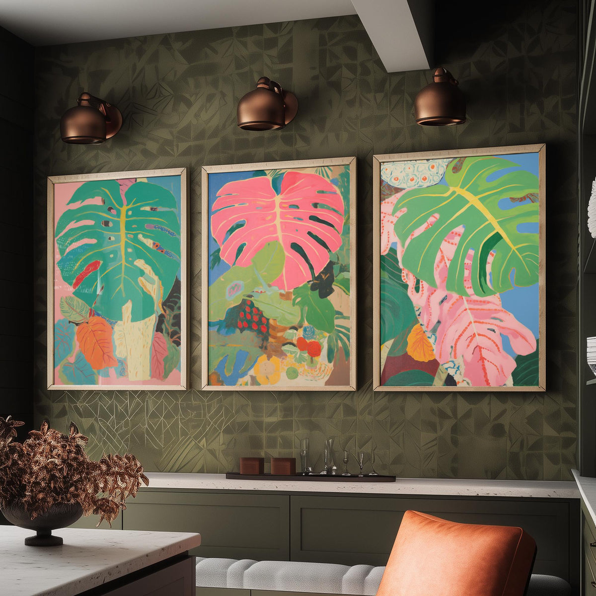 Monstera Pink Collage Set of Three Art Prints - Pink and Green Tropical Leaves - Painterly Jungle Poster Illustration