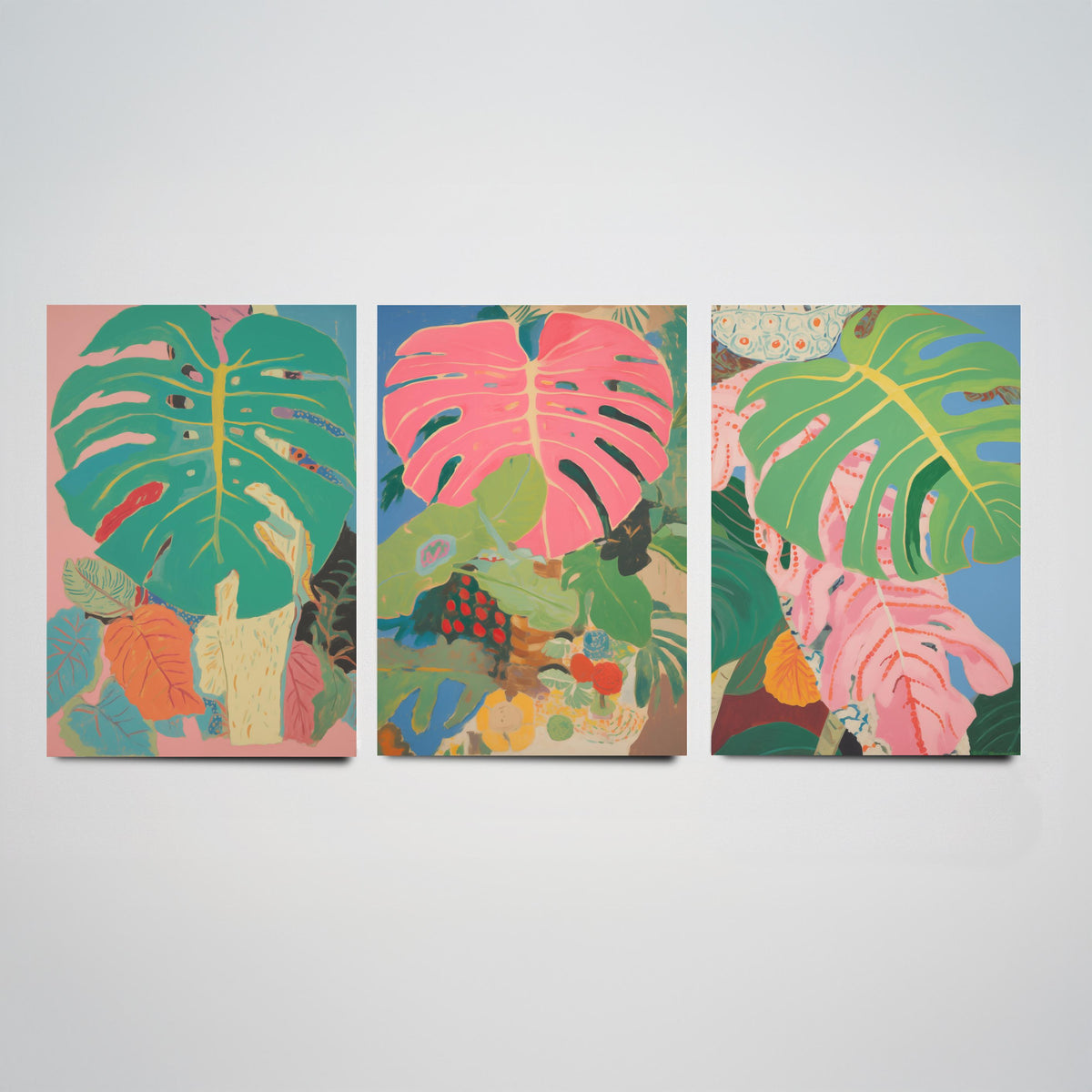 Monstera Pink Collage Set of Three Art Prints - Pink and Green Tropical Leaves - Painterly Jungle Poster Illustration
