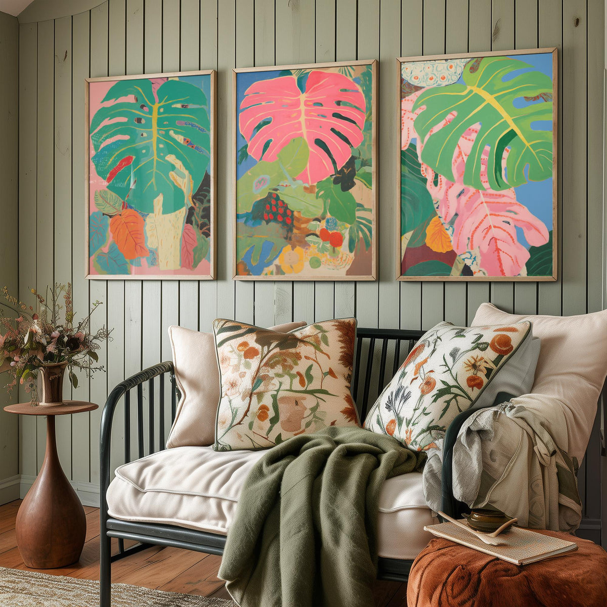 Monstera Pink Collage Set of Three Art Prints - Pink and Green Tropical Leaves - Painterly Jungle Poster Illustration