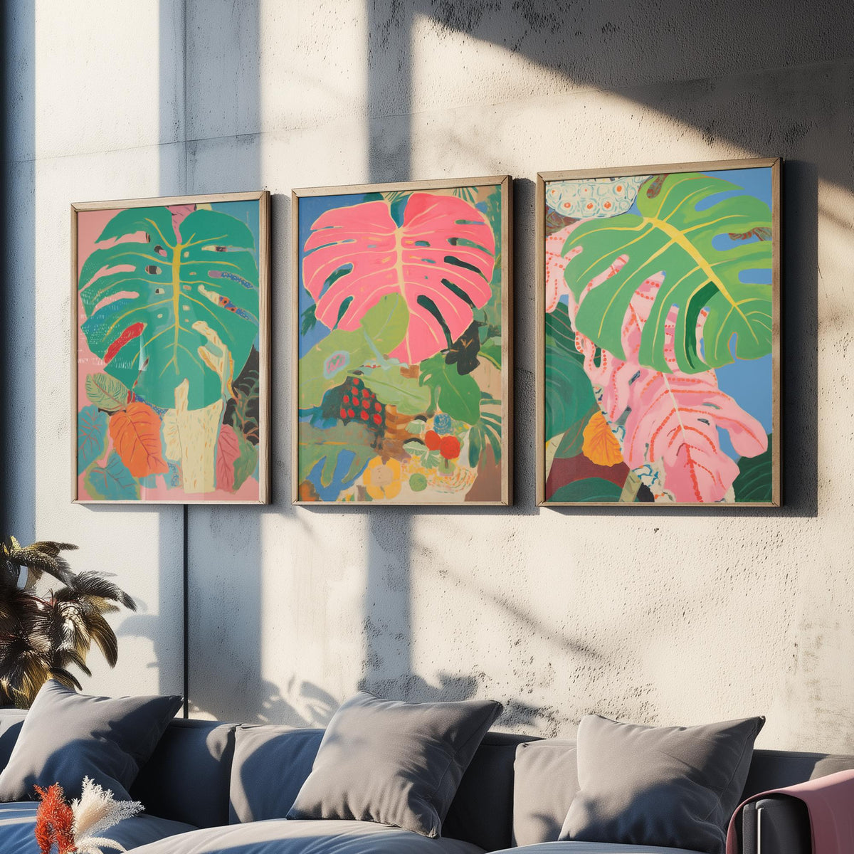 Monstera Pink Collage Set of Three Art Prints - Pink and Green Tropical Leaves - Painterly Jungle Poster Illustration