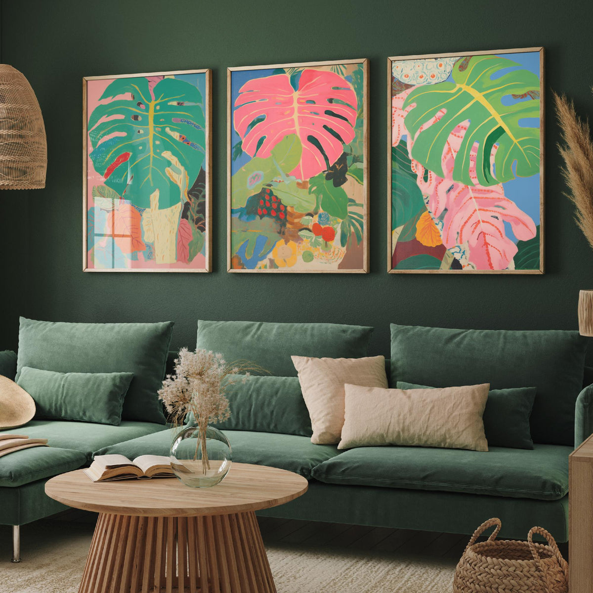 Monstera Pink Collage Set of Three Art Prints - Pink and Green Tropical Leaves - Painterly Jungle Poster Illustration