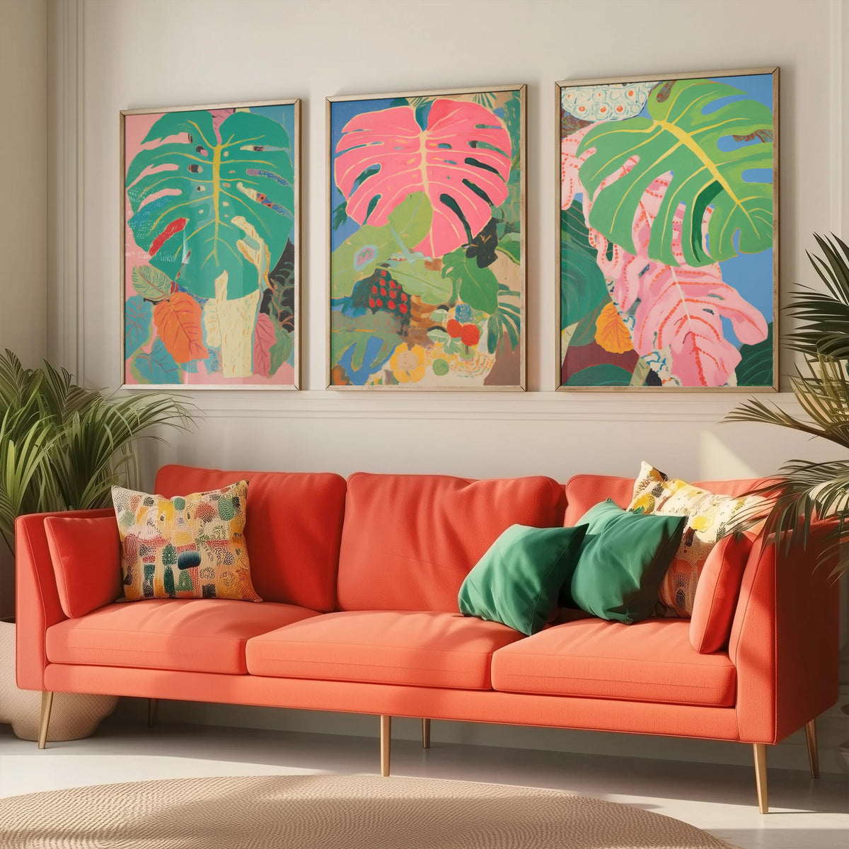 Monstera Pink Collage Set of Three Art Prints - Pink and Green Tropical Leaves - Painterly Jungle Poster Illustration