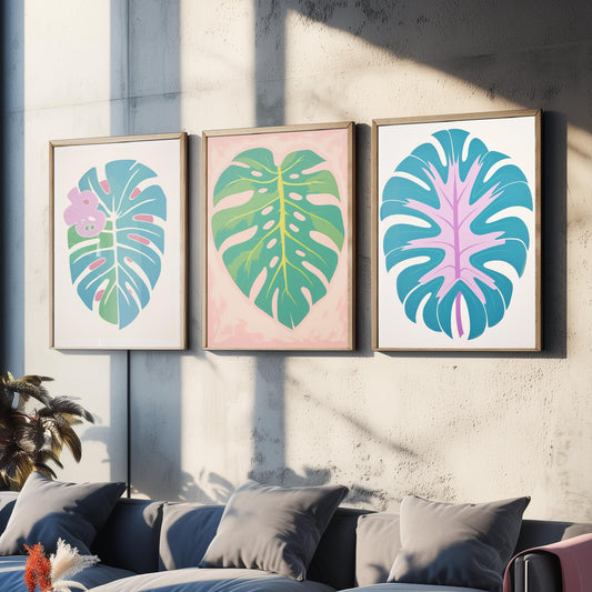 Pastel Monstera Leaves Set of Three Art Prints - Blue, Mint and Lilac - Minimalist Vector Illustration Poster