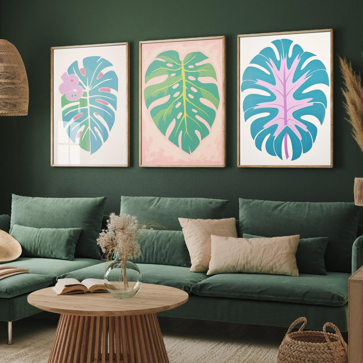 Pastel Monstera Leaves Set of Three Art Prints - Blue, Mint and Lilac - Minimalist Vector Illustration Poster