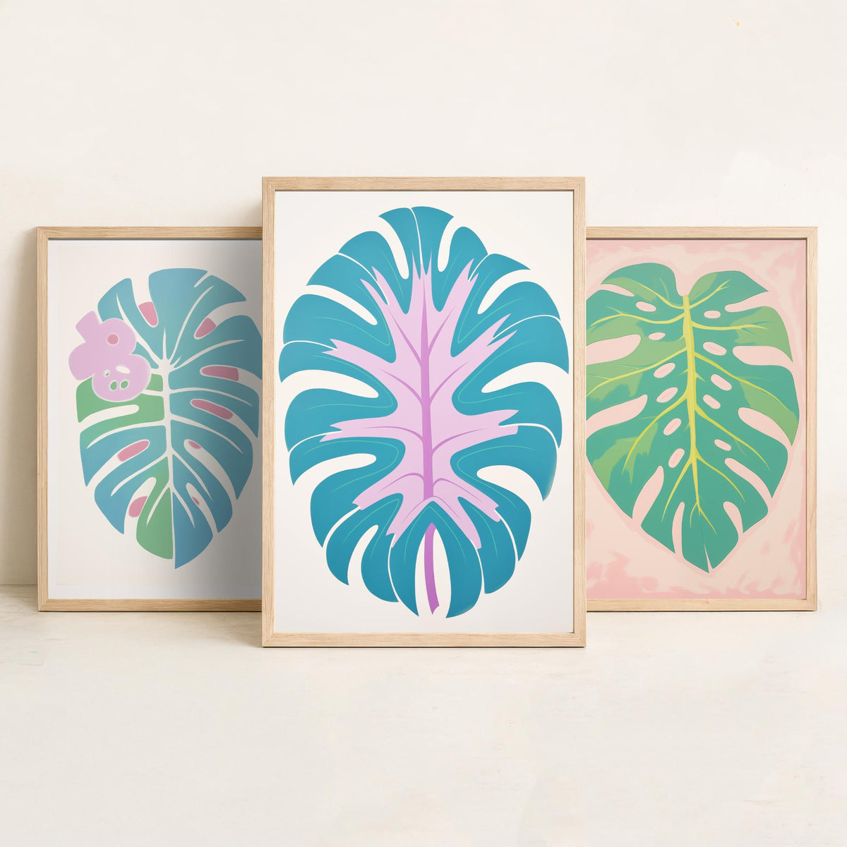 Pastel Monstera Leaves Set of Three Art Prints - Blue, Mint and Lilac - Minimalist Vector Illustration Poster