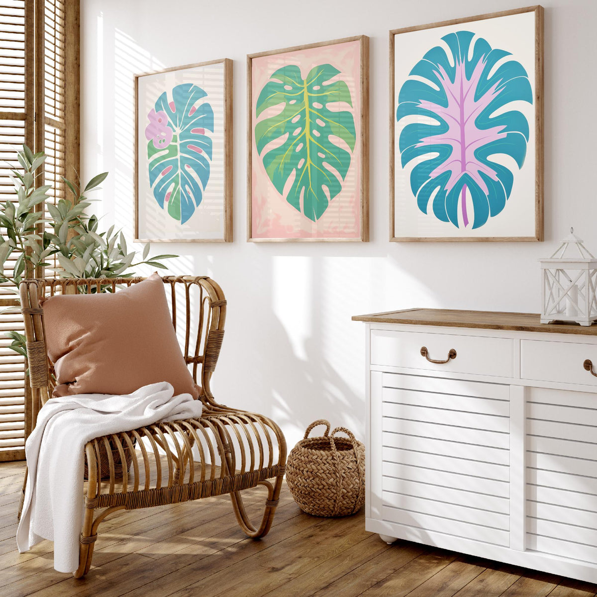 Pastel Monstera Leaves Set of Three Art Prints - Blue, Mint and Lilac - Minimalist Vector Illustration Poster