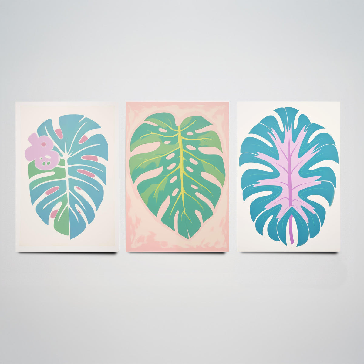 Pastel Monstera Leaves Set of Three Art Prints - Blue, Mint and Lilac - Minimalist Vector Illustration Poster