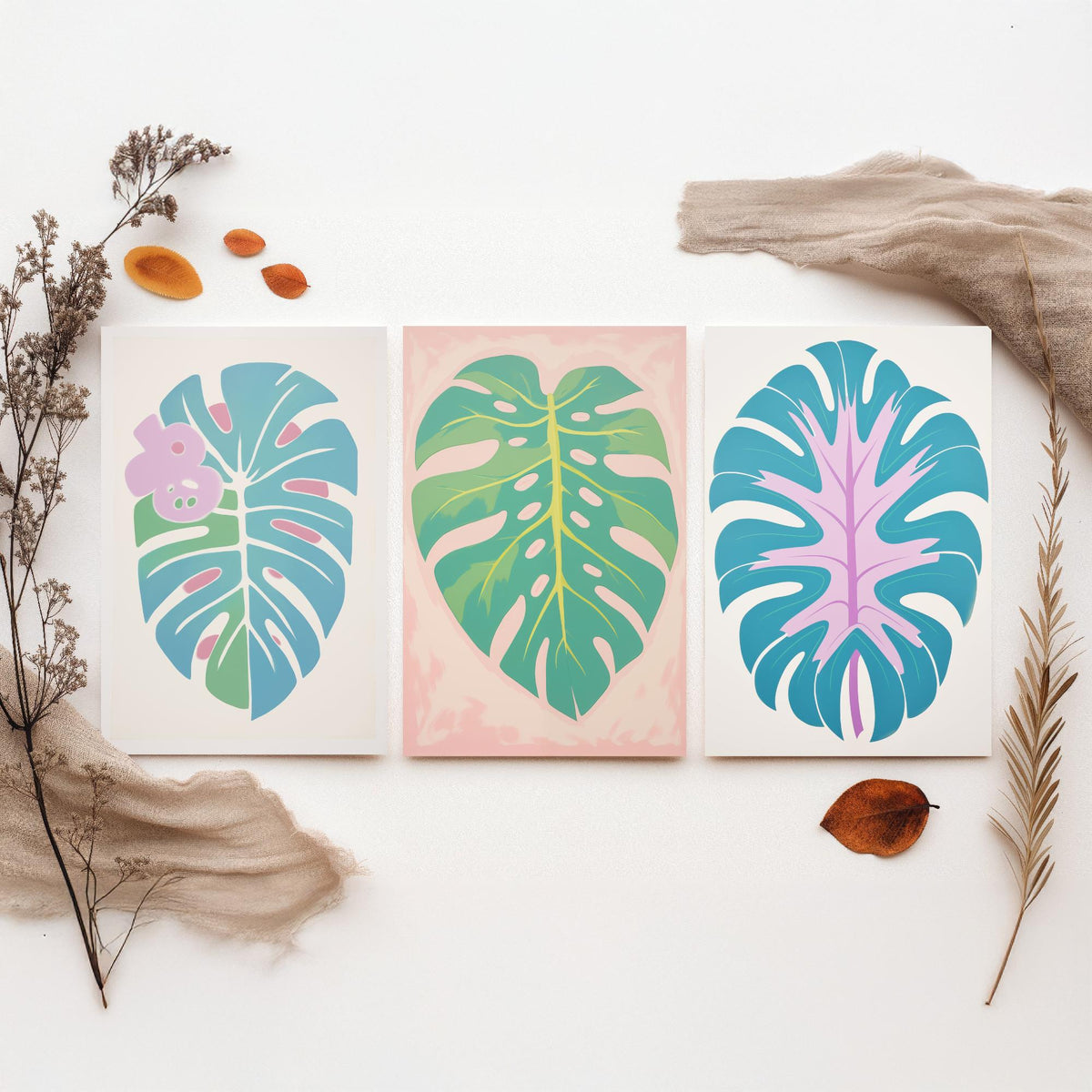 Pastel Monstera Leaves Set of Three Art Prints - Blue, Mint and Lilac - Minimalist Vector Illustration Poster
