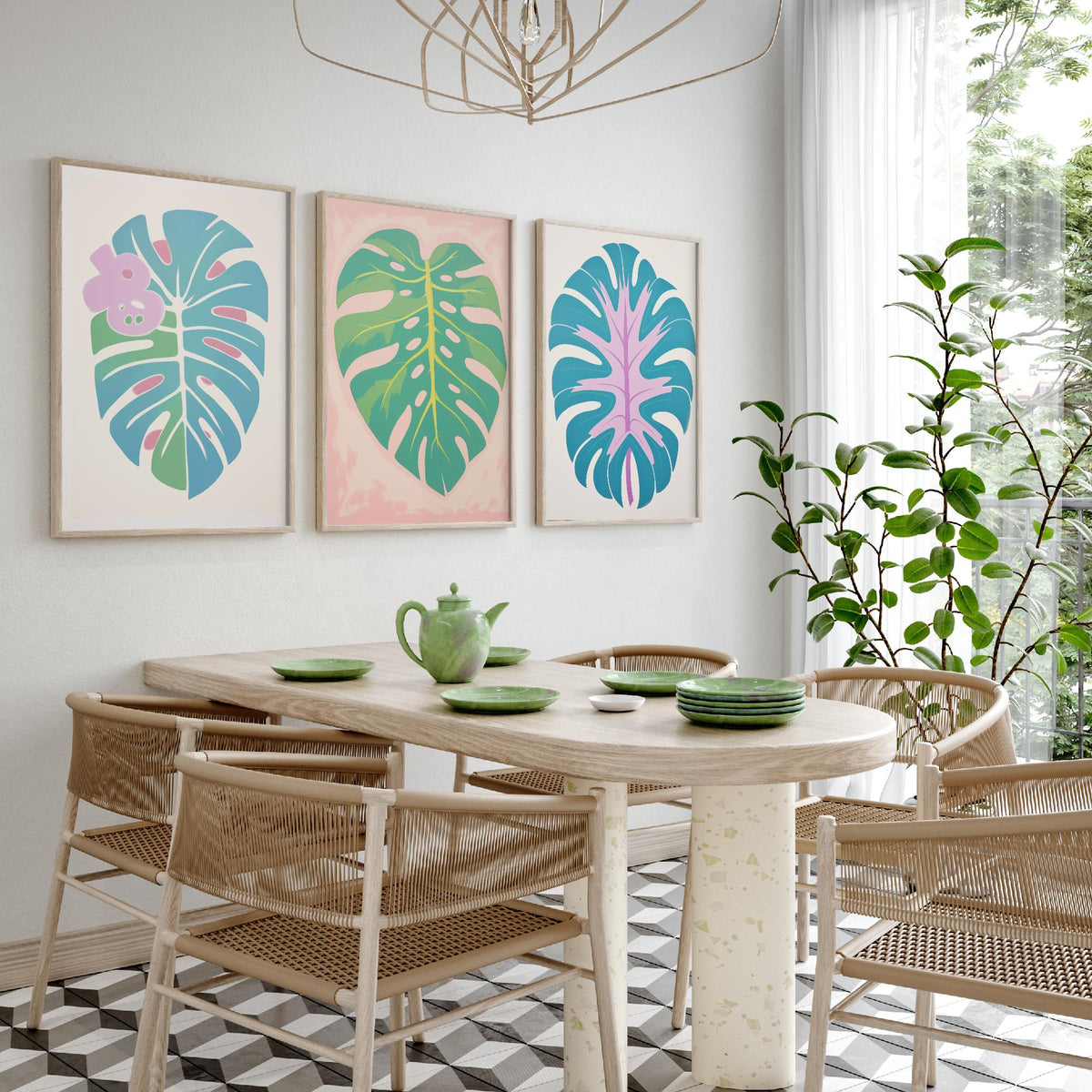Pastel Monstera Leaves Set of Three Art Prints - Blue, Mint and Lilac - Minimalist Vector Illustration Poster