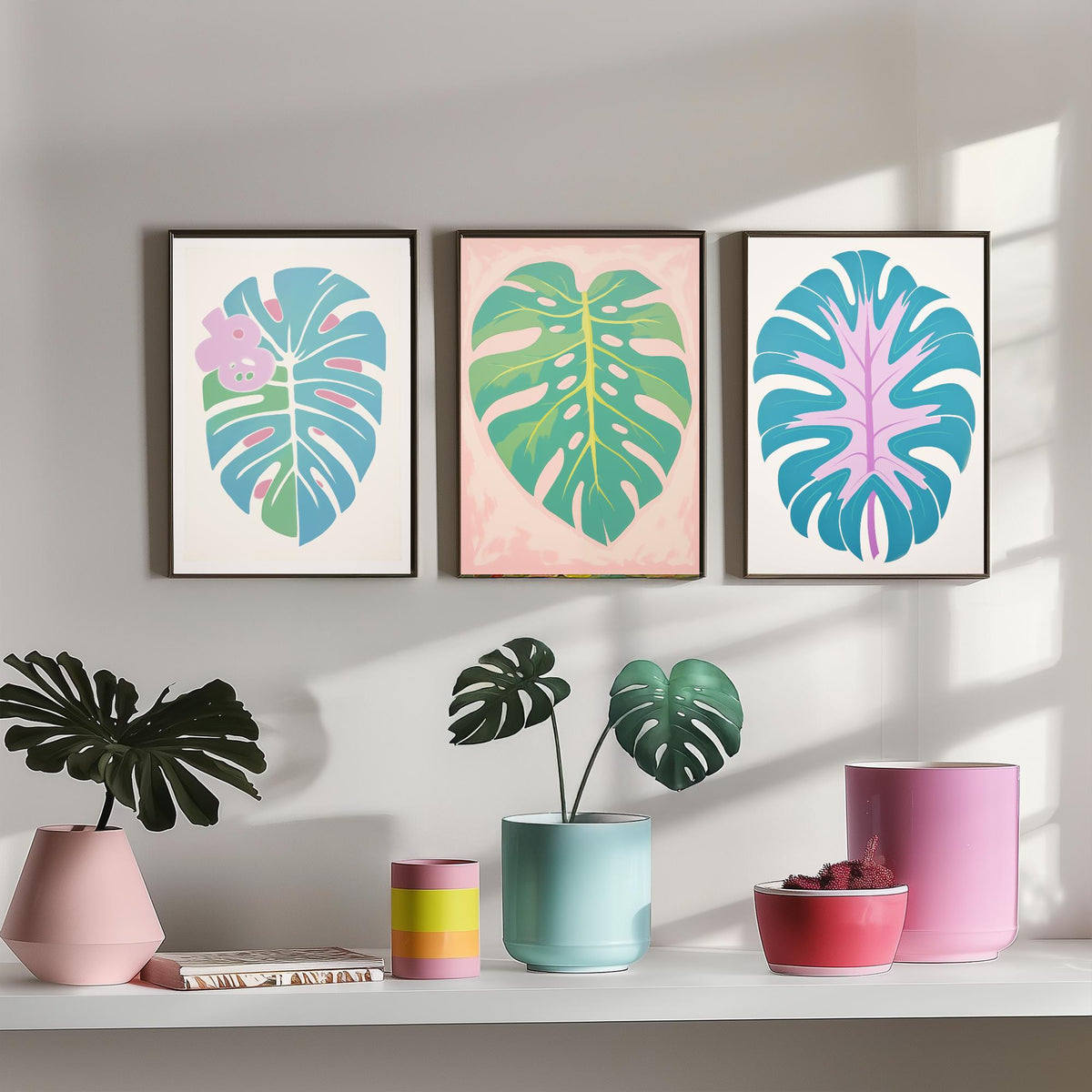 Pastel Monstera Leaves Set of Three Art Prints - Blue, Mint and Lilac - Minimalist Vector Illustration Poster