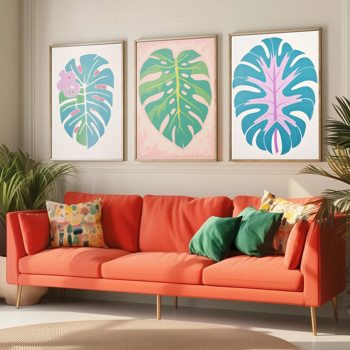 Pastel Monstera Leaves Set of Three Art Prints - Blue, Mint and Lilac - Minimalist Vector Illustration Poster