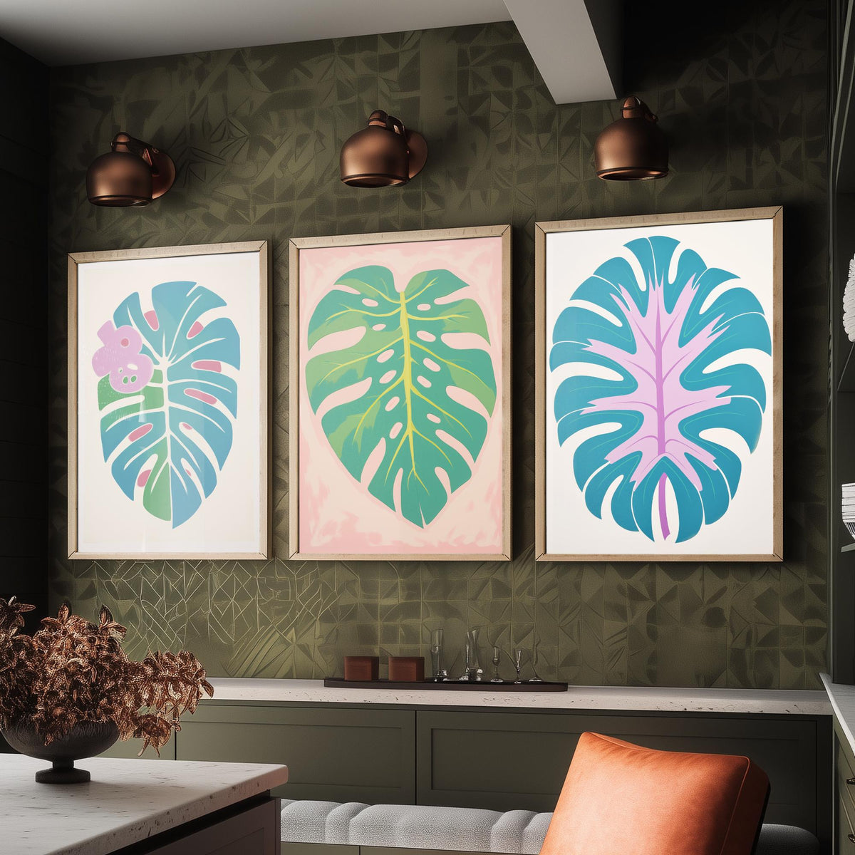 Pastel Monstera Leaves Set of Three Art Prints - Blue, Mint and Lilac - Minimalist Vector Illustration Poster
