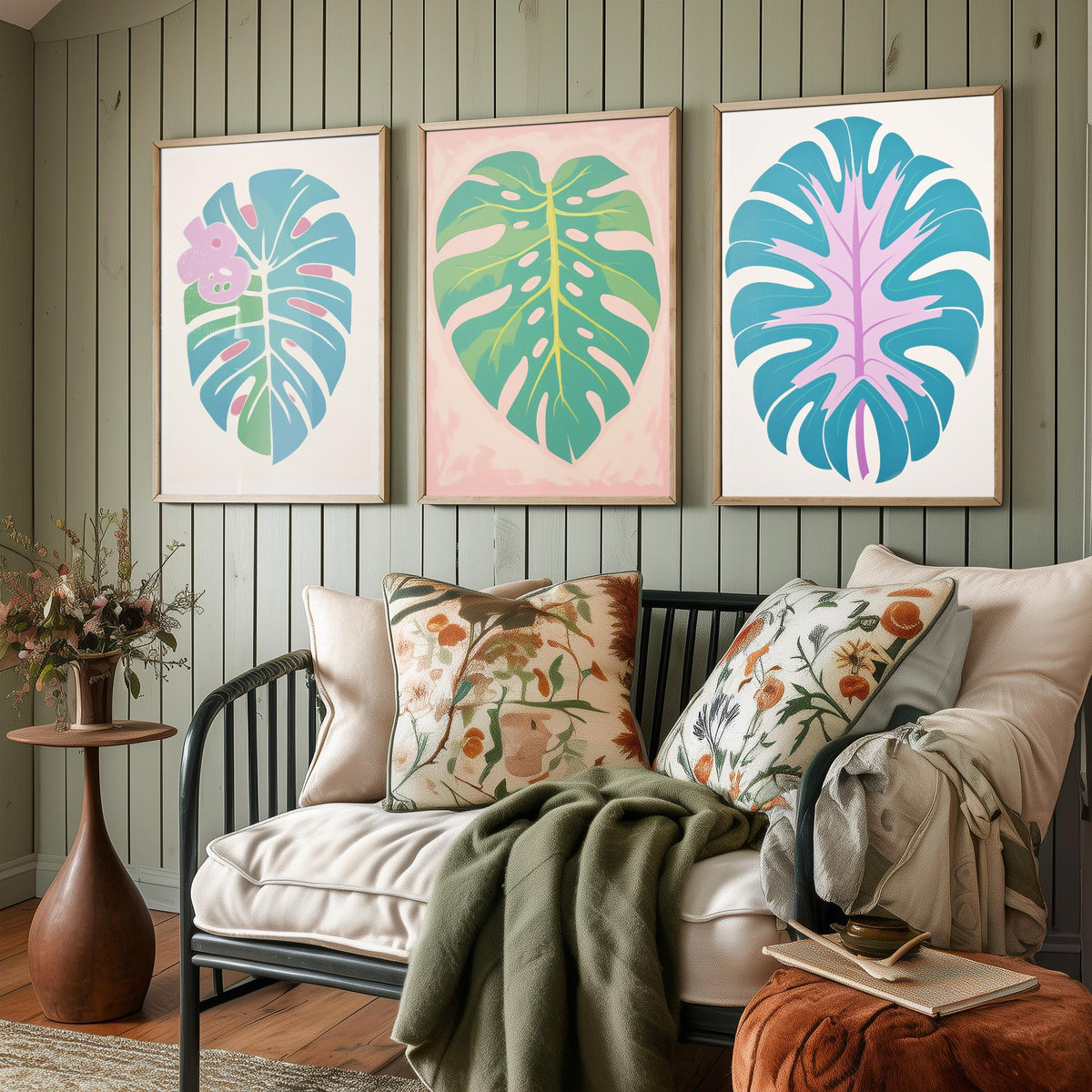 Pastel Monstera Leaves Set of Three Art Prints - Blue, Mint and Lilac - Minimalist Vector Illustration Poster
