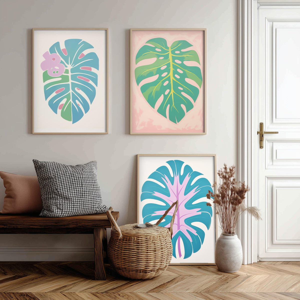 Pastel Monstera Leaves Set of Three Art Prints - Blue, Mint and Lilac - Minimalist Vector Illustration Poster