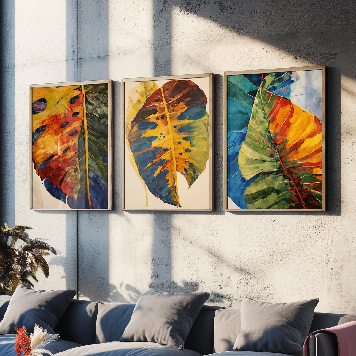 Autumn Monstera Leaves Set of Three Art Prints - Rust, Gold and Blue Mottled Leaves - Botanical Painting Poster
