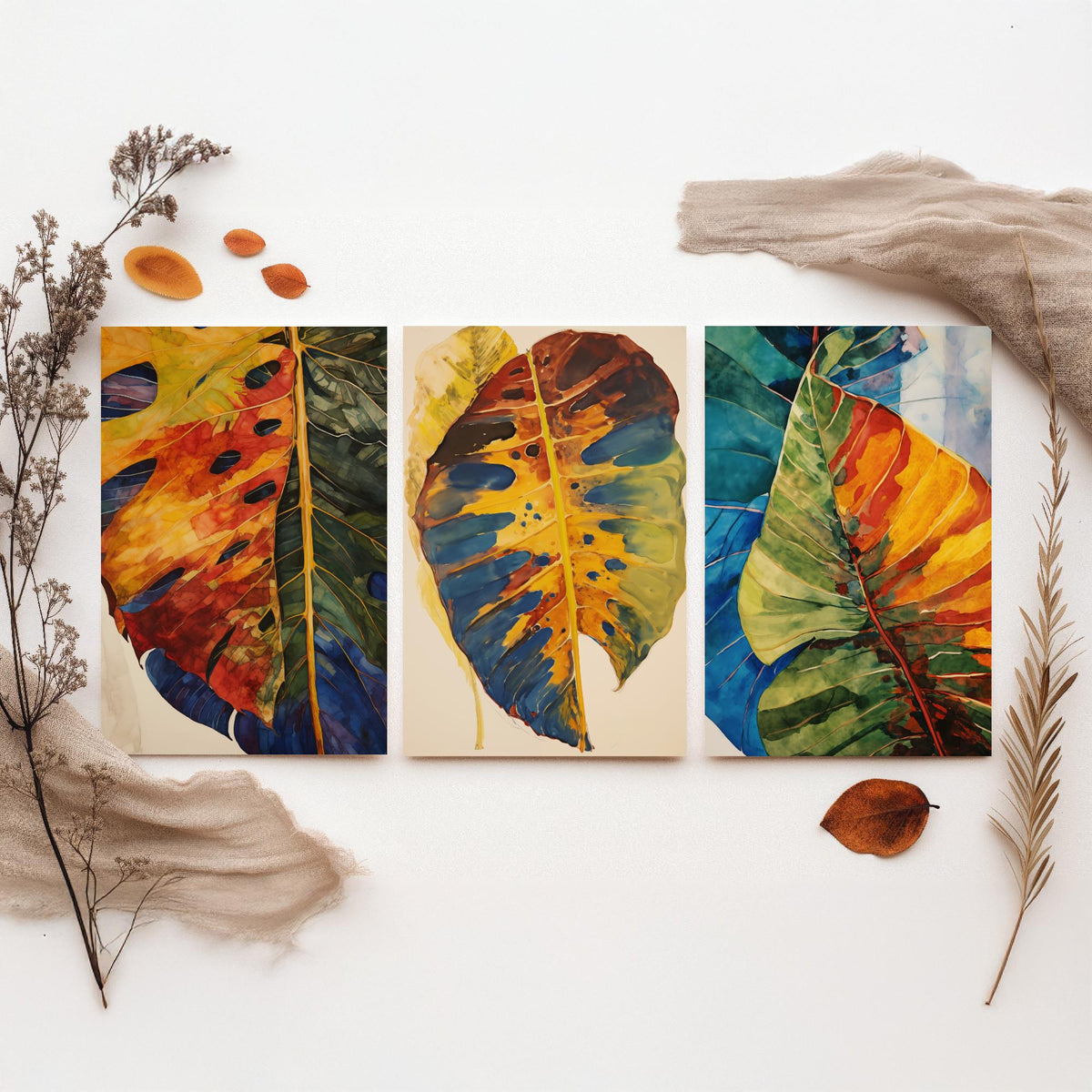 Autumn Monstera Leaves Set of Three Art Prints - Rust, Gold and Blue Mottled Leaves - Botanical Painting Poster