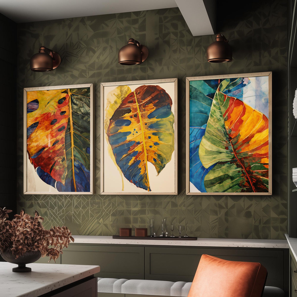 Autumn Monstera Leaves Set of Three Art Prints - Rust, Gold and Blue Mottled Leaves - Botanical Painting Poster