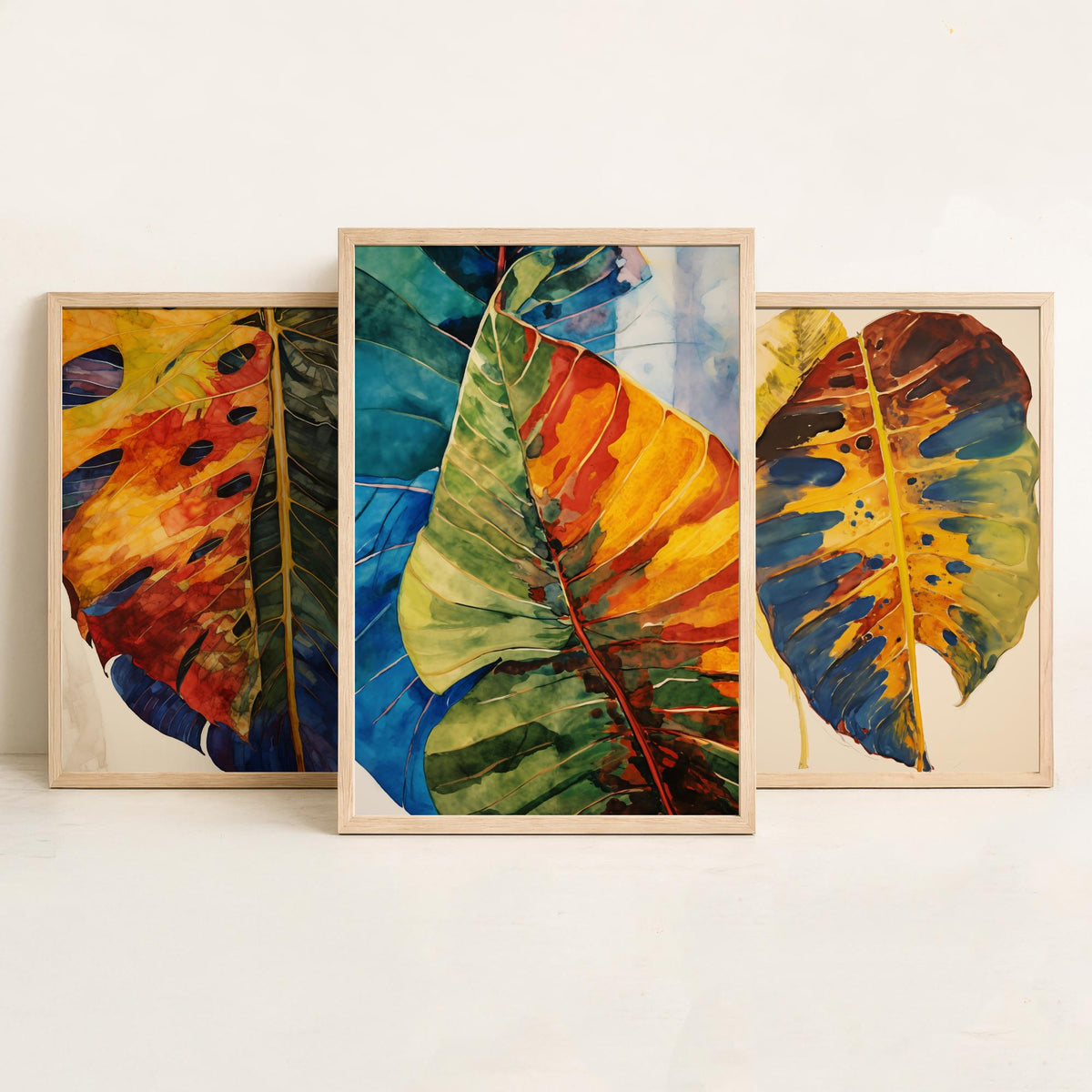Autumn Monstera Leaves Set of Three Art Prints - Rust, Gold and Blue Mottled Leaves - Botanical Painting Poster