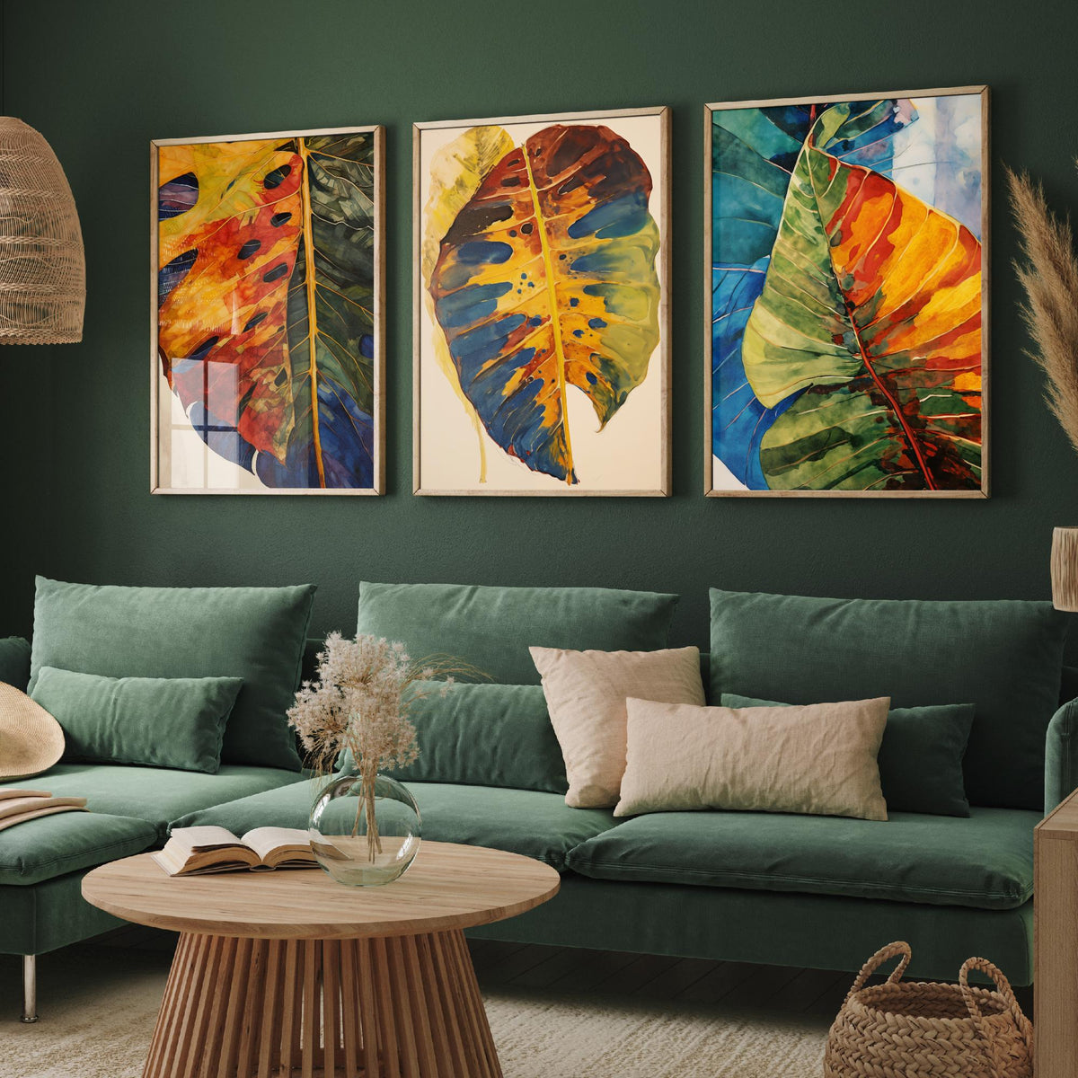 Autumn Monstera Leaves Set of Three Art Prints - Rust, Gold and Blue Mottled Leaves - Botanical Painting Poster