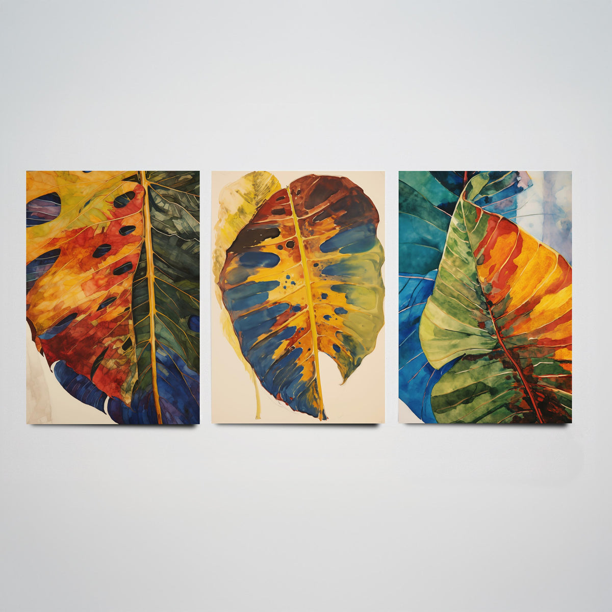 Autumn Monstera Leaves Set of Three Art Prints - Rust, Gold and Blue Mottled Leaves - Botanical Painting Poster