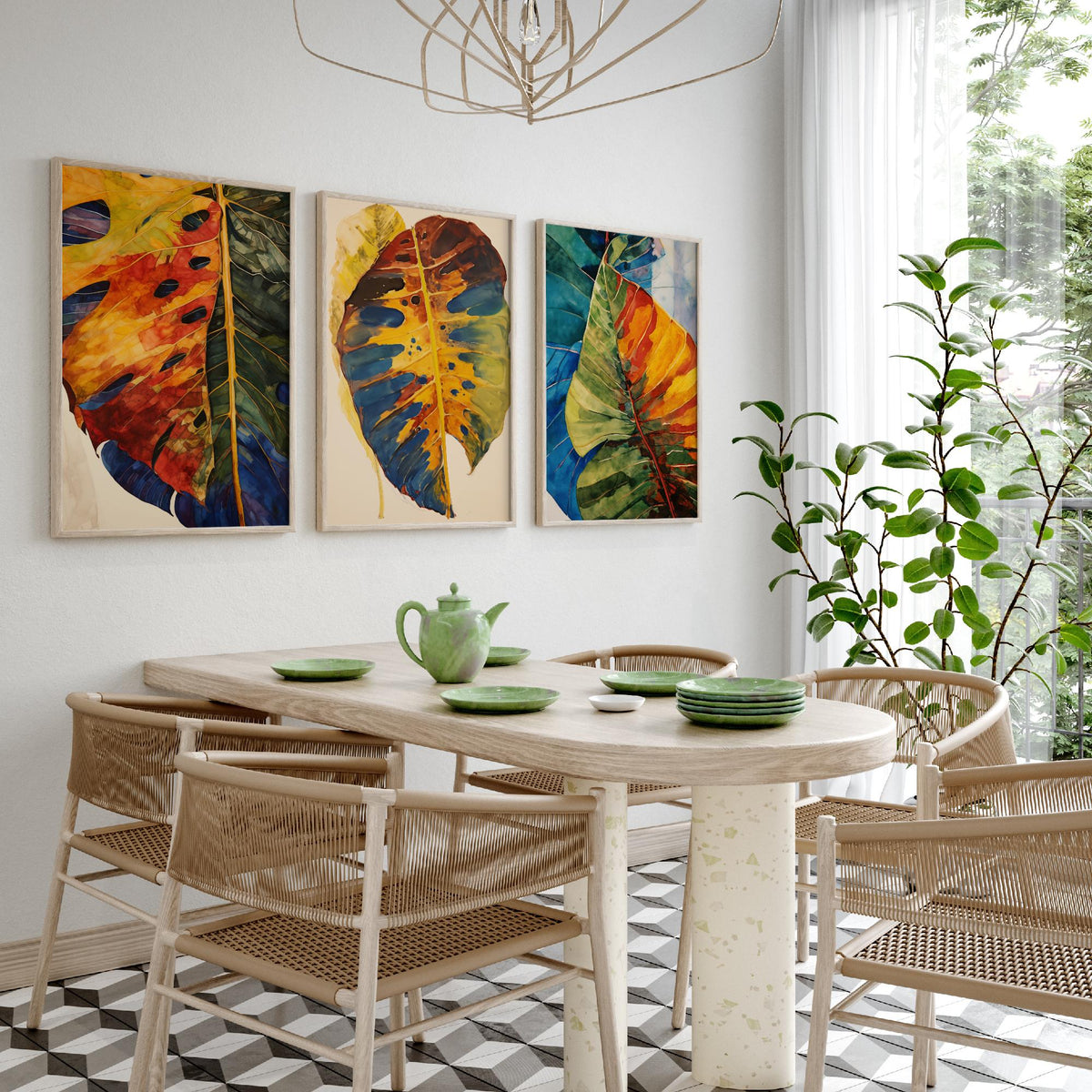 Autumn Monstera Leaves Set of Three Art Prints - Rust, Gold and Blue Mottled Leaves - Botanical Painting Poster