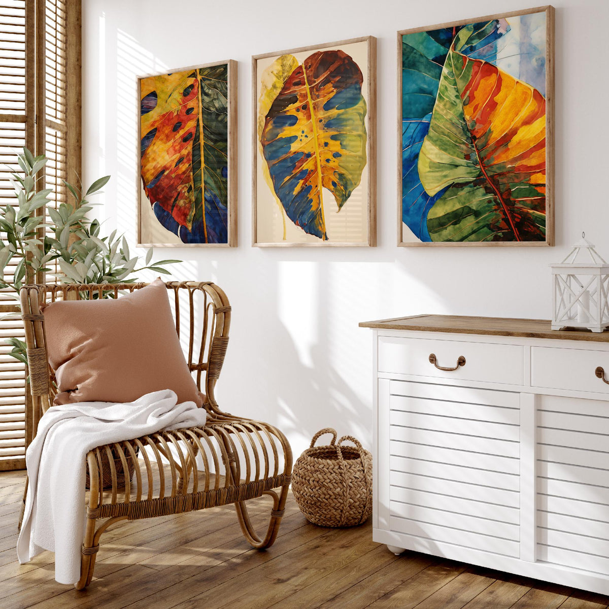 Autumn Monstera Leaves Set of Three Art Prints - Rust, Gold and Blue Mottled Leaves - Botanical Painting Poster