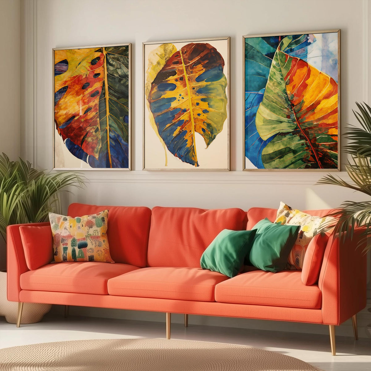 Autumn Monstera Leaves Set of Three Art Prints - Rust, Gold and Blue Mottled Leaves - Botanical Painting Poster