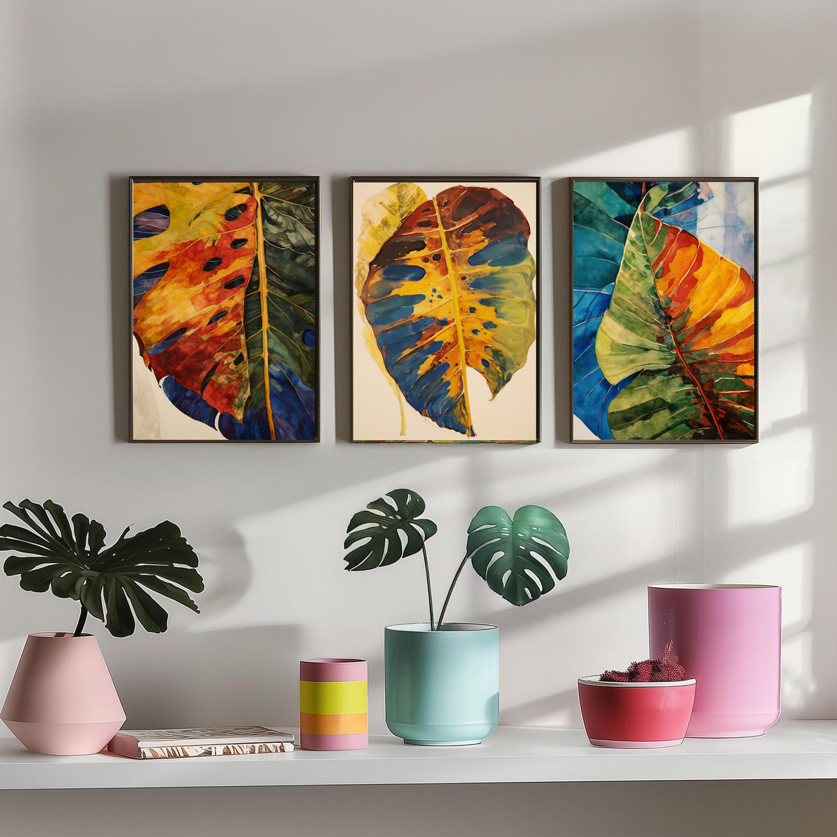 Autumn Monstera Leaves Set of Three Art Prints - Rust, Gold and Blue Mottled Leaves - Botanical Painting Poster