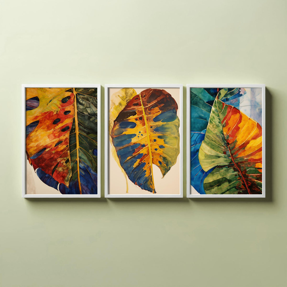 Autumn Monstera Leaves Set of Three Art Prints - Rust, Gold and Blue Mottled Leaves - Botanical Painting Poster
